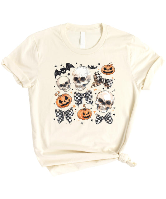 Halloween Skull Pumpkin with Checkered Bow Shirt for Women, Teens & Girls Spooky Season Tee