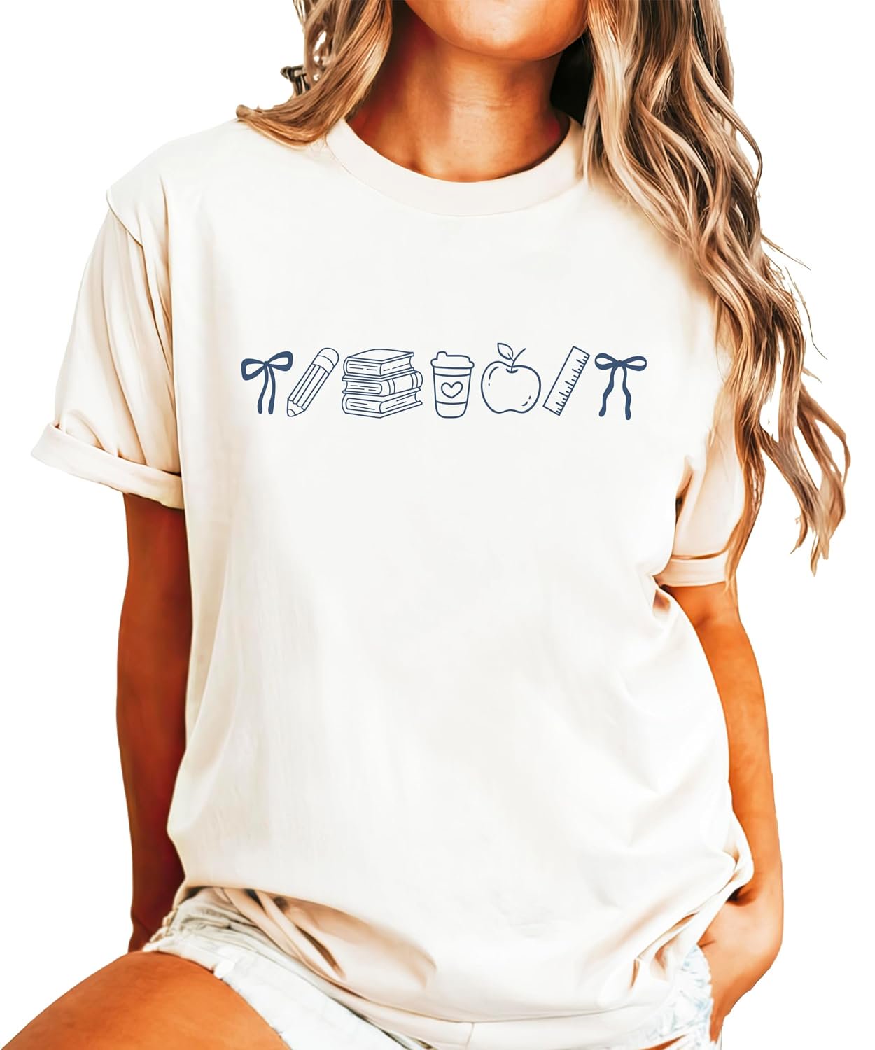 Back to school graphic tee in Natural color with coquette bow and school supplies design by Olive Loves Apple