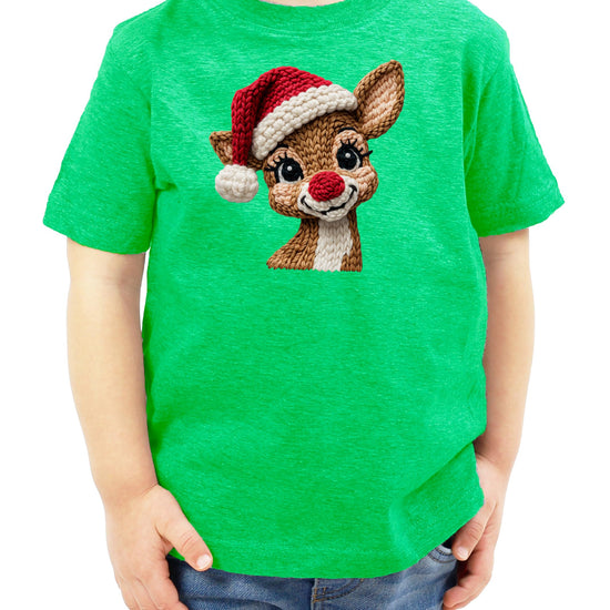 Front view of faux yarn reindeer holiday graphic tee laid flat on natural fabric