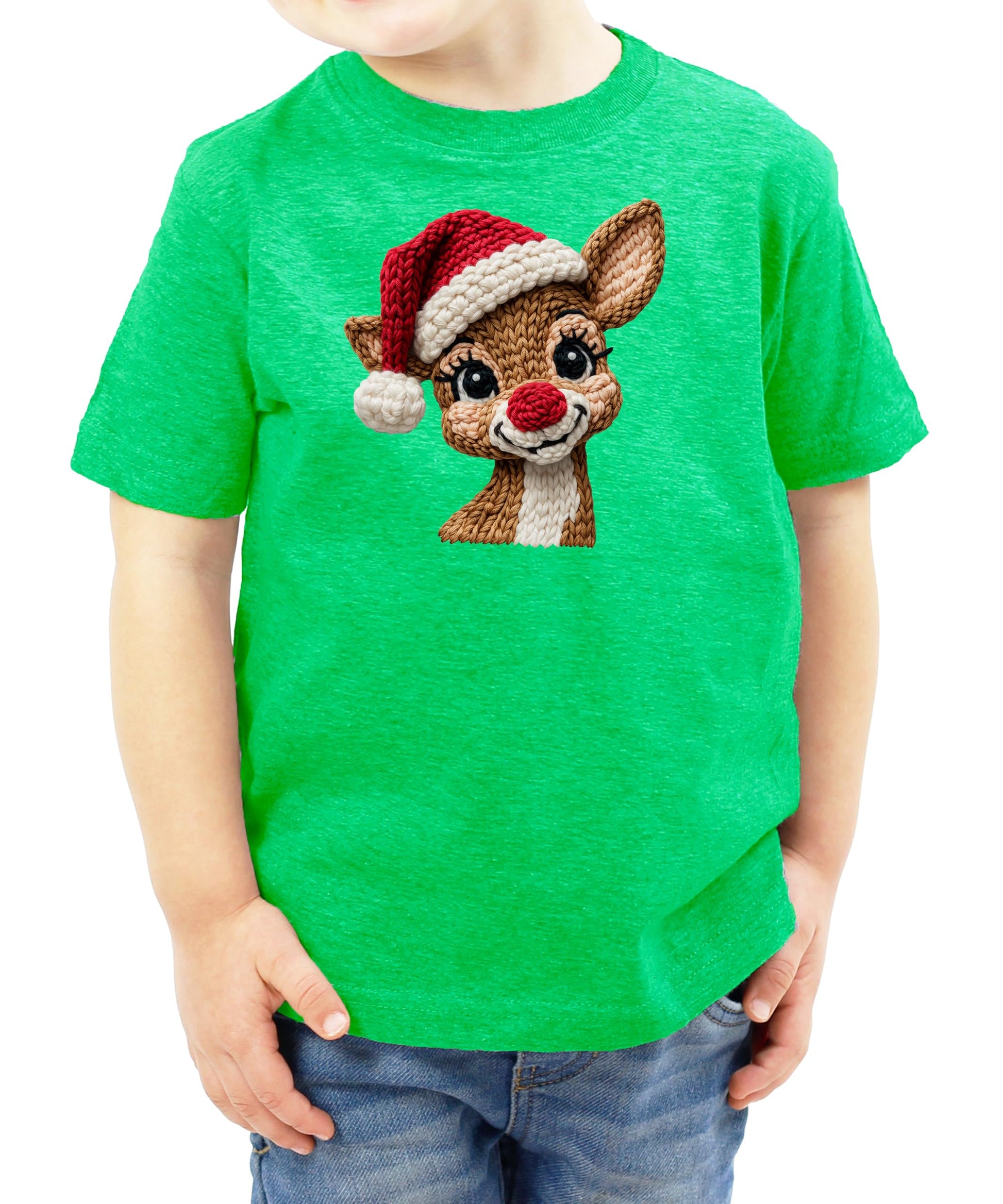 Front view of faux yarn reindeer holiday graphic tee laid flat on natural fabric