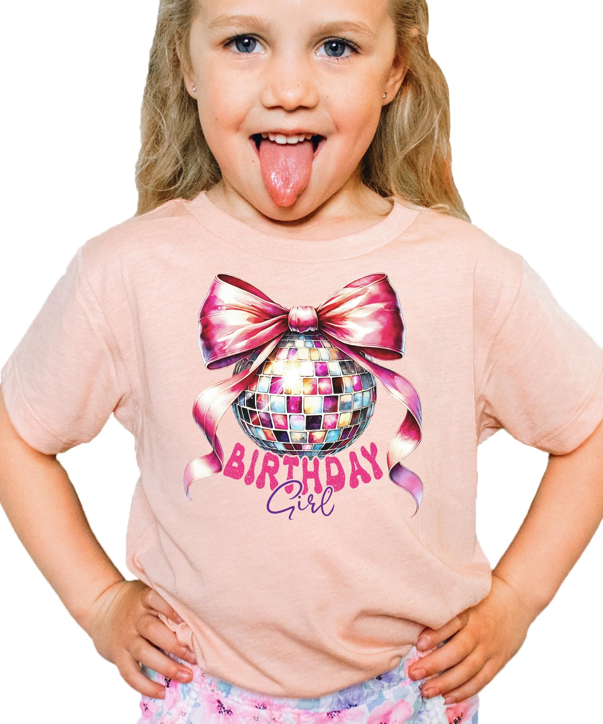 Side view of girls birthday tee with pink bow disco ball coquette print in natural color
