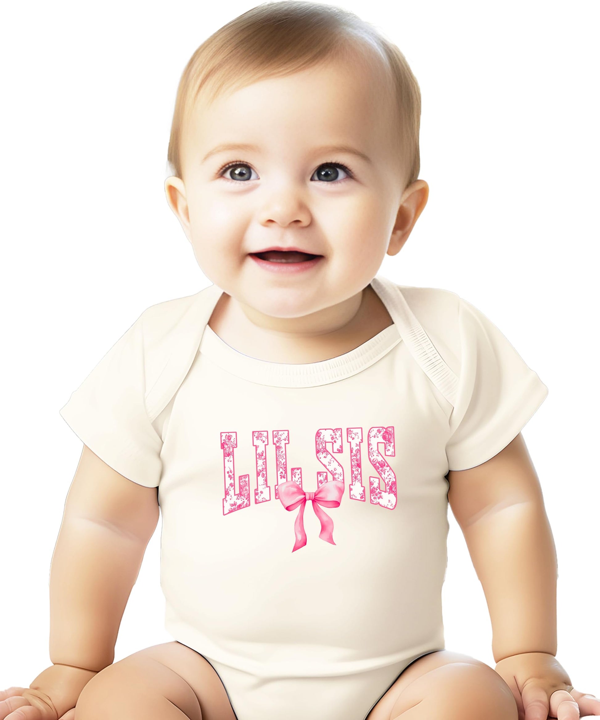 Little sister baby bodysuit laid flat showing full 'Lil Sis' floral print design