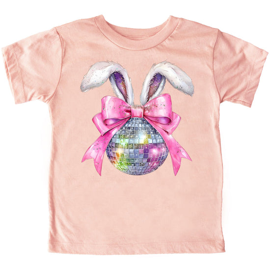 Girls pink Easter graphic tee with disco bunny design featuring fluffy rabbit ears and sparkly pink coquette bow