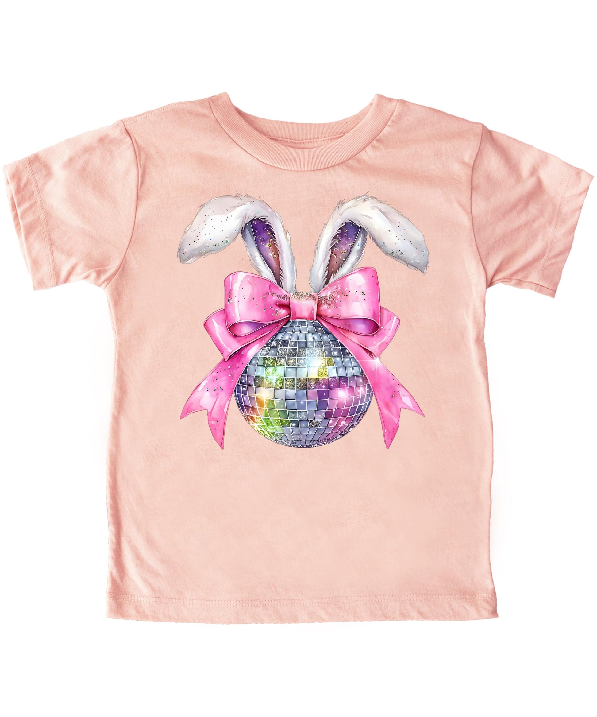 Girls pink Easter graphic tee with disco bunny design featuring fluffy rabbit ears and sparkly pink coquette bow