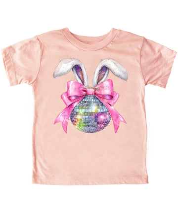 Girls pink Easter graphic tee with disco bunny design featuring fluffy rabbit ears and sparkly pink coquette bow
