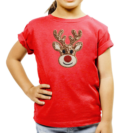Girls wearing black Christmas reindeer graphic tee for holiday season