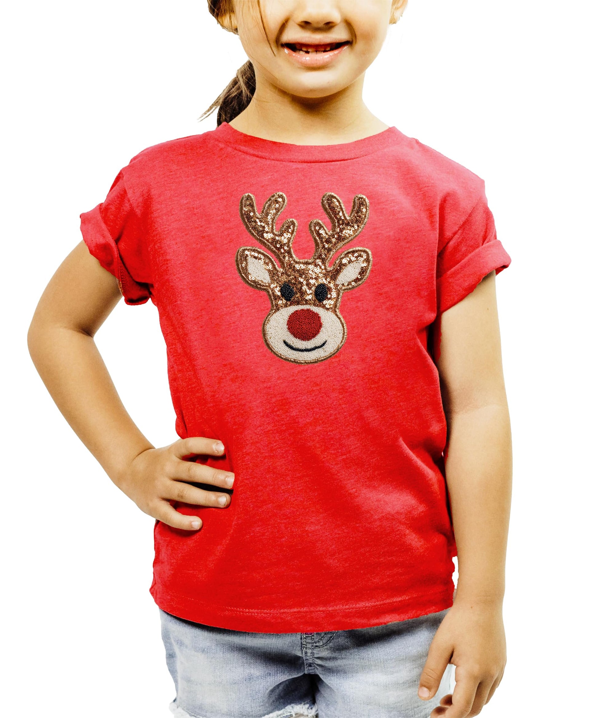 Girls wearing black Christmas reindeer graphic tee for holiday season