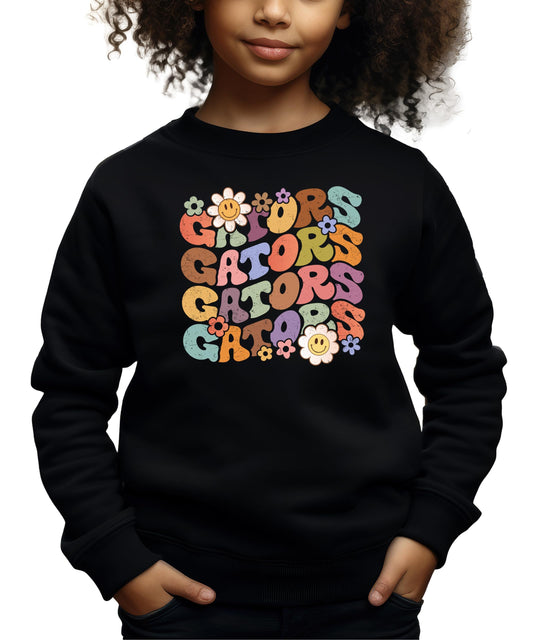 Olive Loves Apple Gator Retro Sweatshirt for Women, Teens & Youth Groovy Colorful Floral Sports Sweater