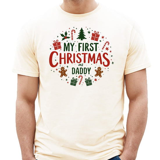 Close-up of My First Christmas holiday graphic print on soft cotton family shirt