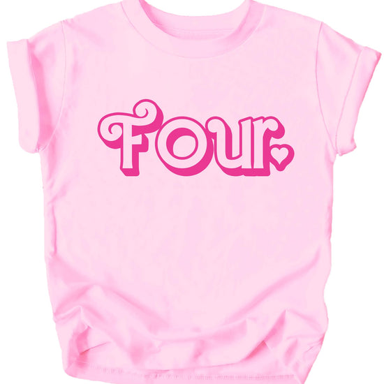Pink girls 4th birthday graphic tee with heart design for toddlers and kids