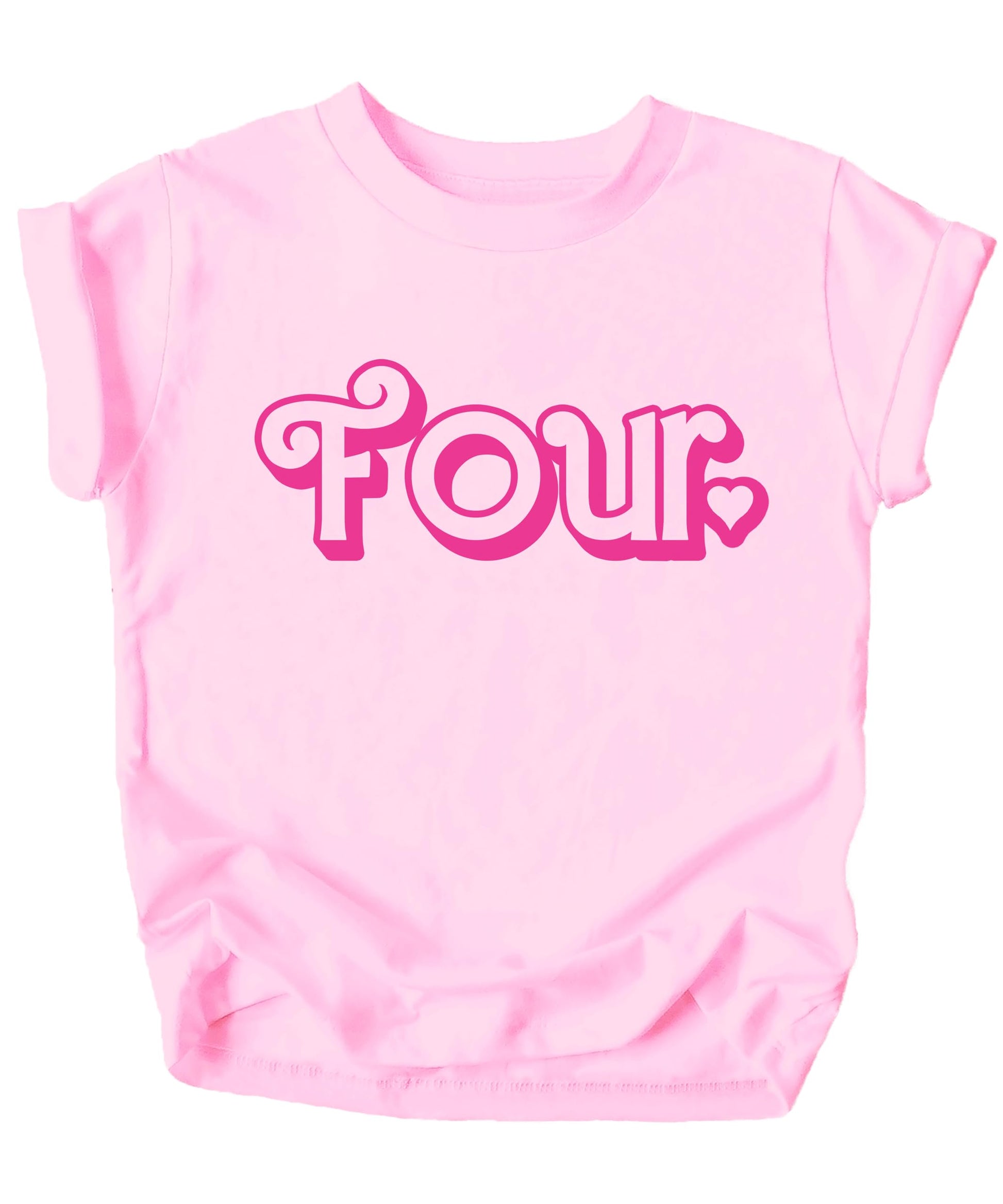 Pink girls 4th birthday graphic tee with heart design for toddlers and kids