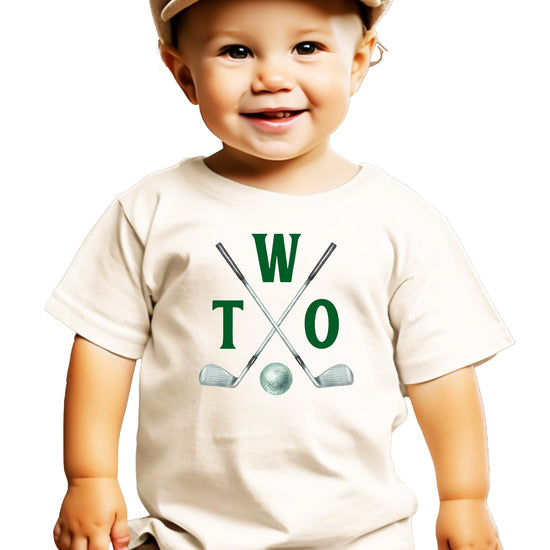 Two Golf Sticks 2nd birthday shirt in natural color for toddlers with golf theme design