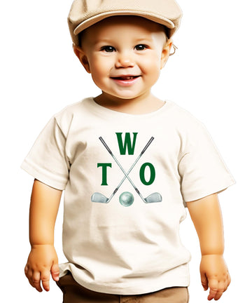 Two Golf Sticks 2nd birthday shirt in natural color for toddlers with golf theme design