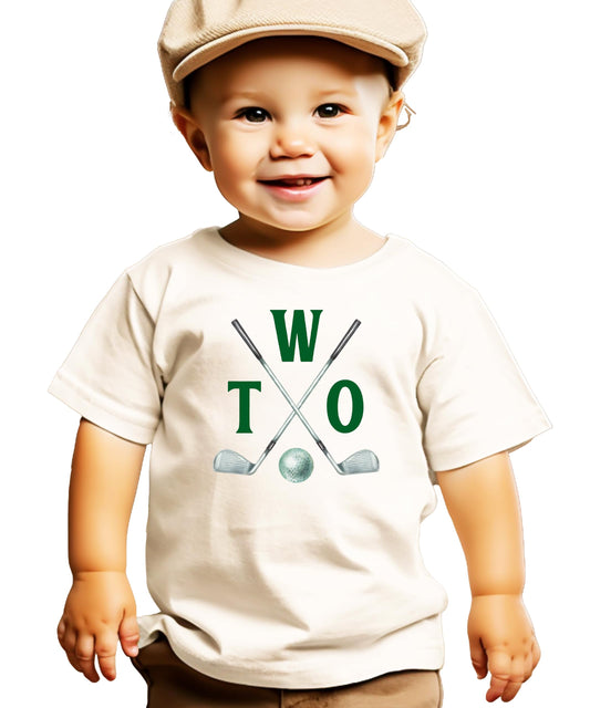 Two Golf Sticks 2nd birthday shirt in natural color for toddlers with golf theme design