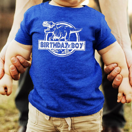 Birthday Boy dinosaur shirt product details showing fabric quality and print closeup