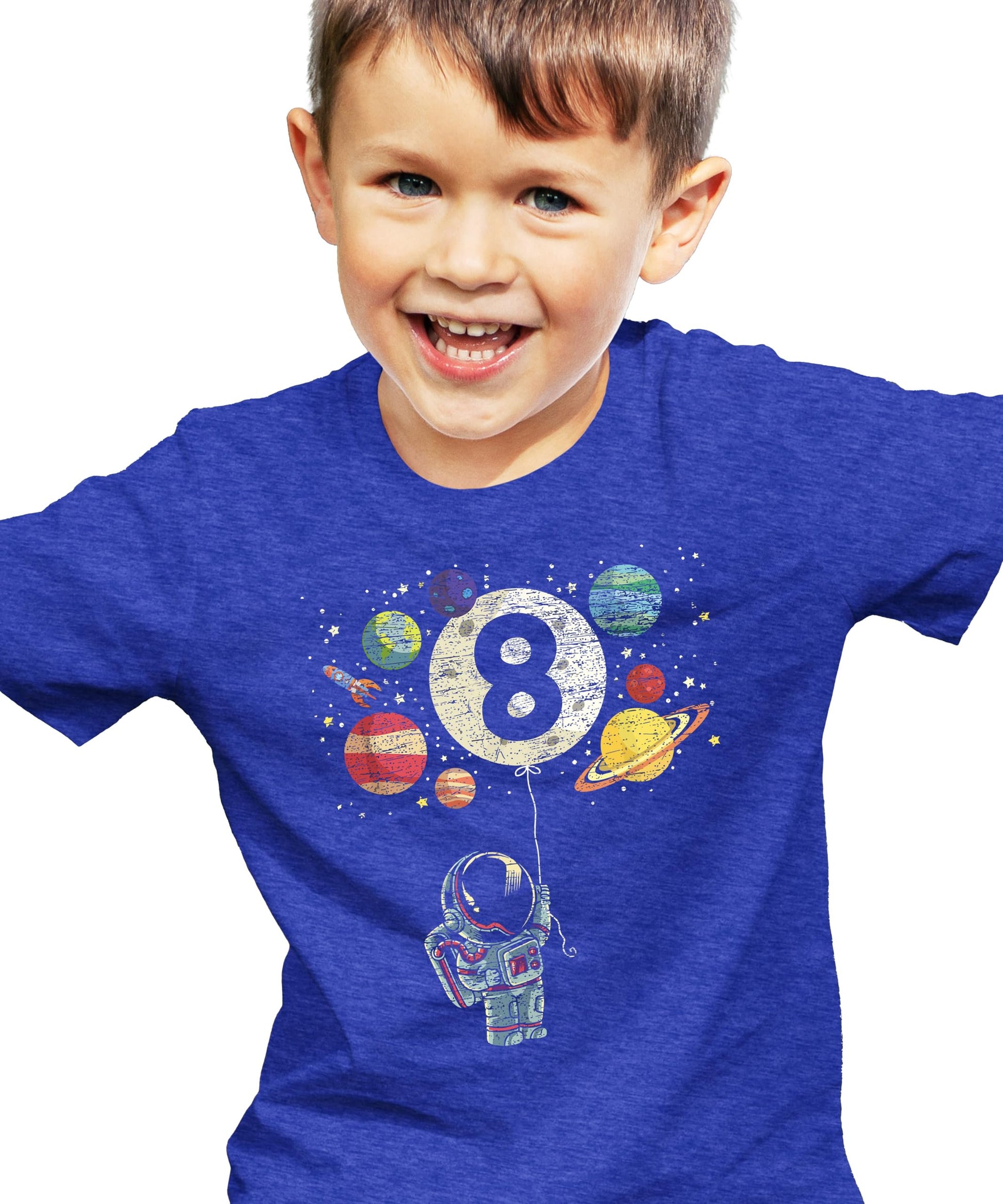 Olive Loves Apple 8th birthday astronaut shirt displayed on a light background