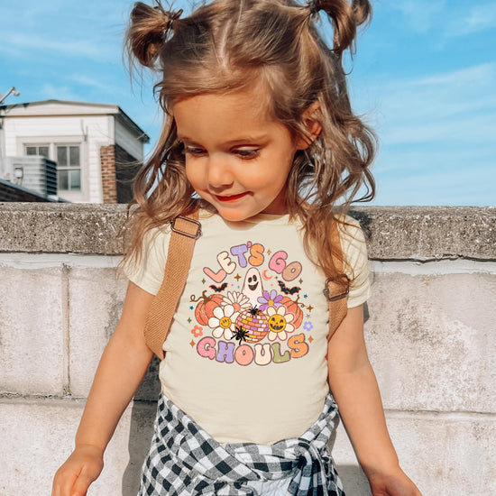 Women's and girls' matching Let's Go Ghouls Halloween tee in peach