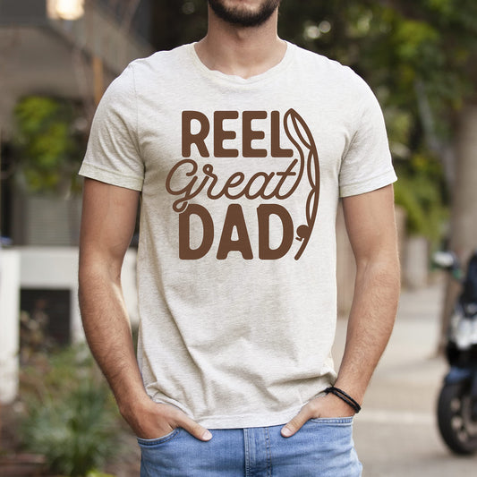Reel Great Dad Father's Day fishing shirt detail shot on red tee