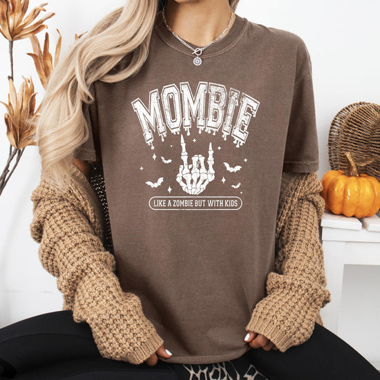 Alternate angle of Mombie Like a Zombie But With Kids women's Halloween graphic shirt