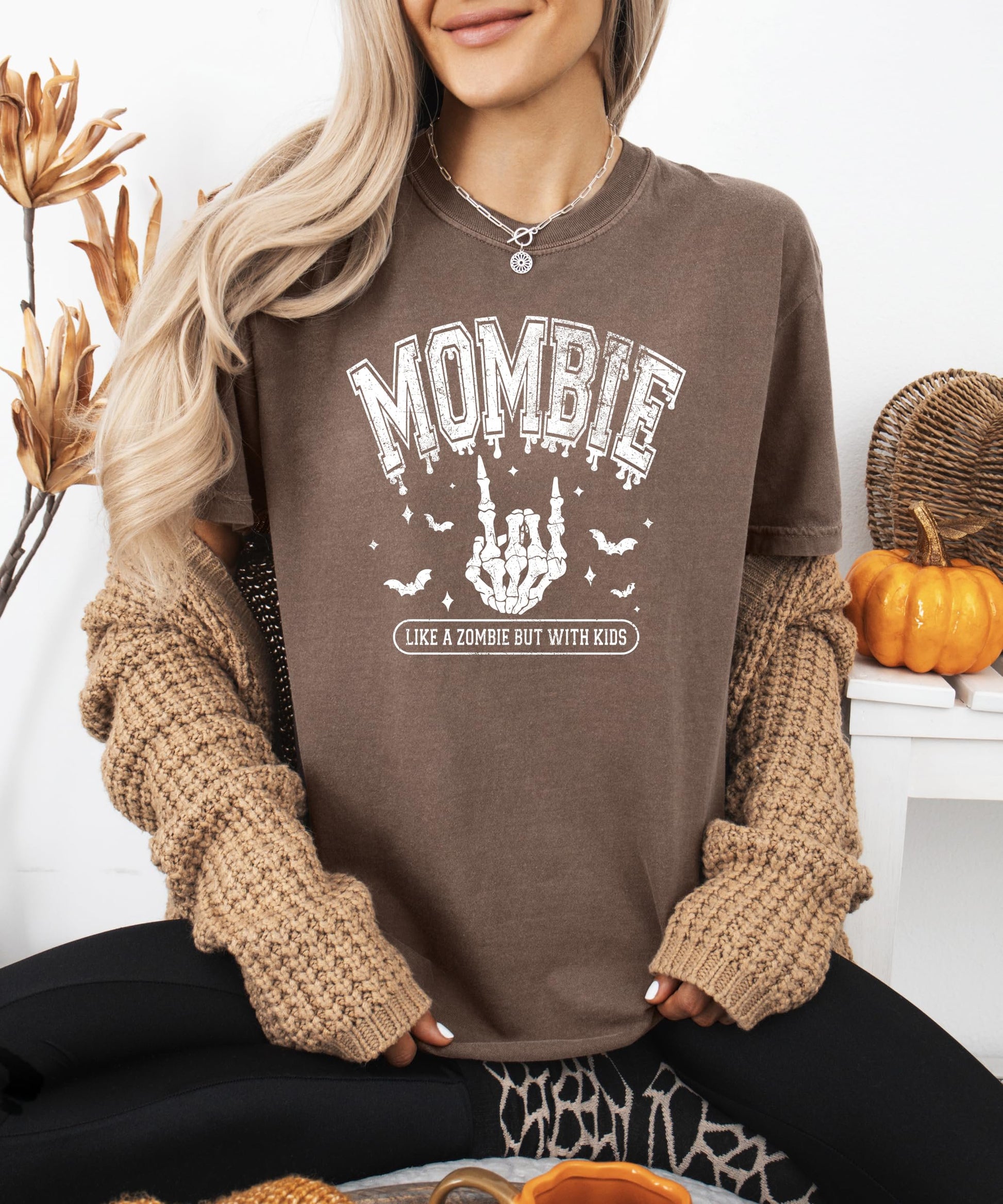 Alternate angle of Mombie Like a Zombie But With Kids women's Halloween graphic shirt