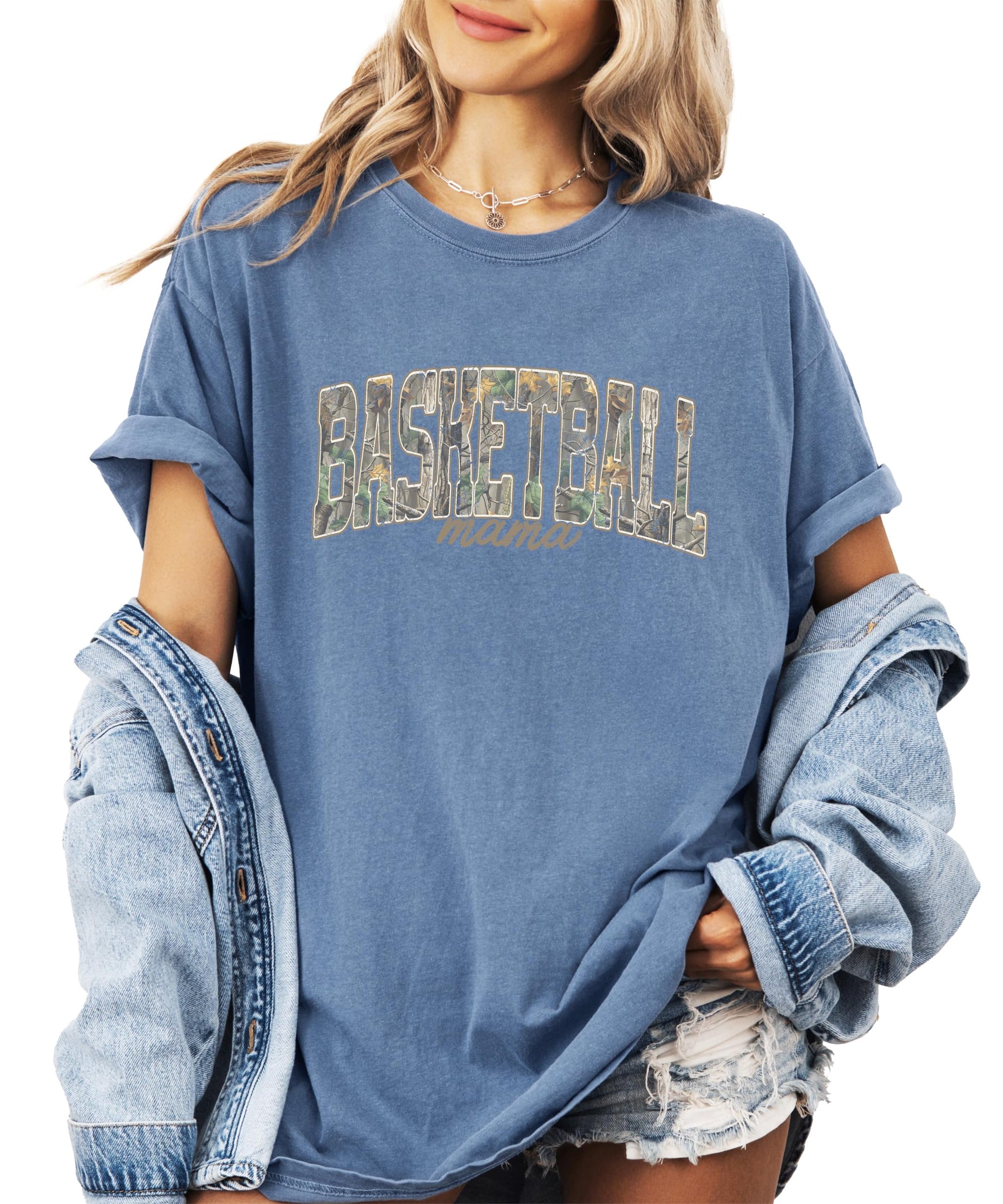 Olive Loves Apple Basketball Mama camo shirt laid flat showing full front graphic