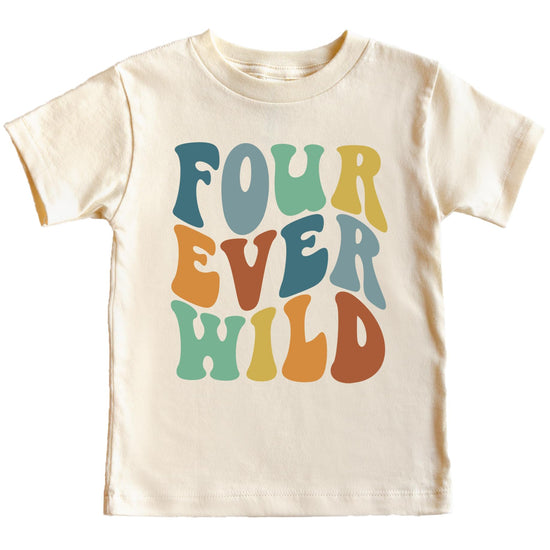 Groovy Four Ever Wild 4th birthday shirt for toddler girls and boys in fun retro style