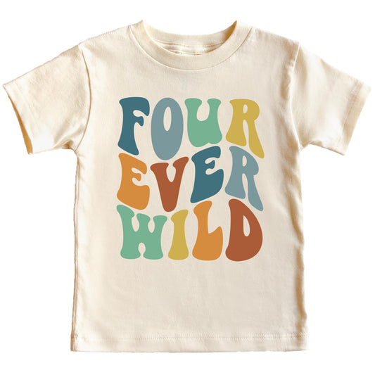 Groovy Four Ever Wild 4th birthday shirt for toddler girls and boys in fun retro style