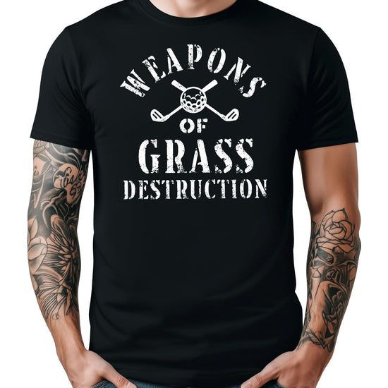 Black men's t-shirt with Weapons of Grass Destruction golf design featuring crossed clubs