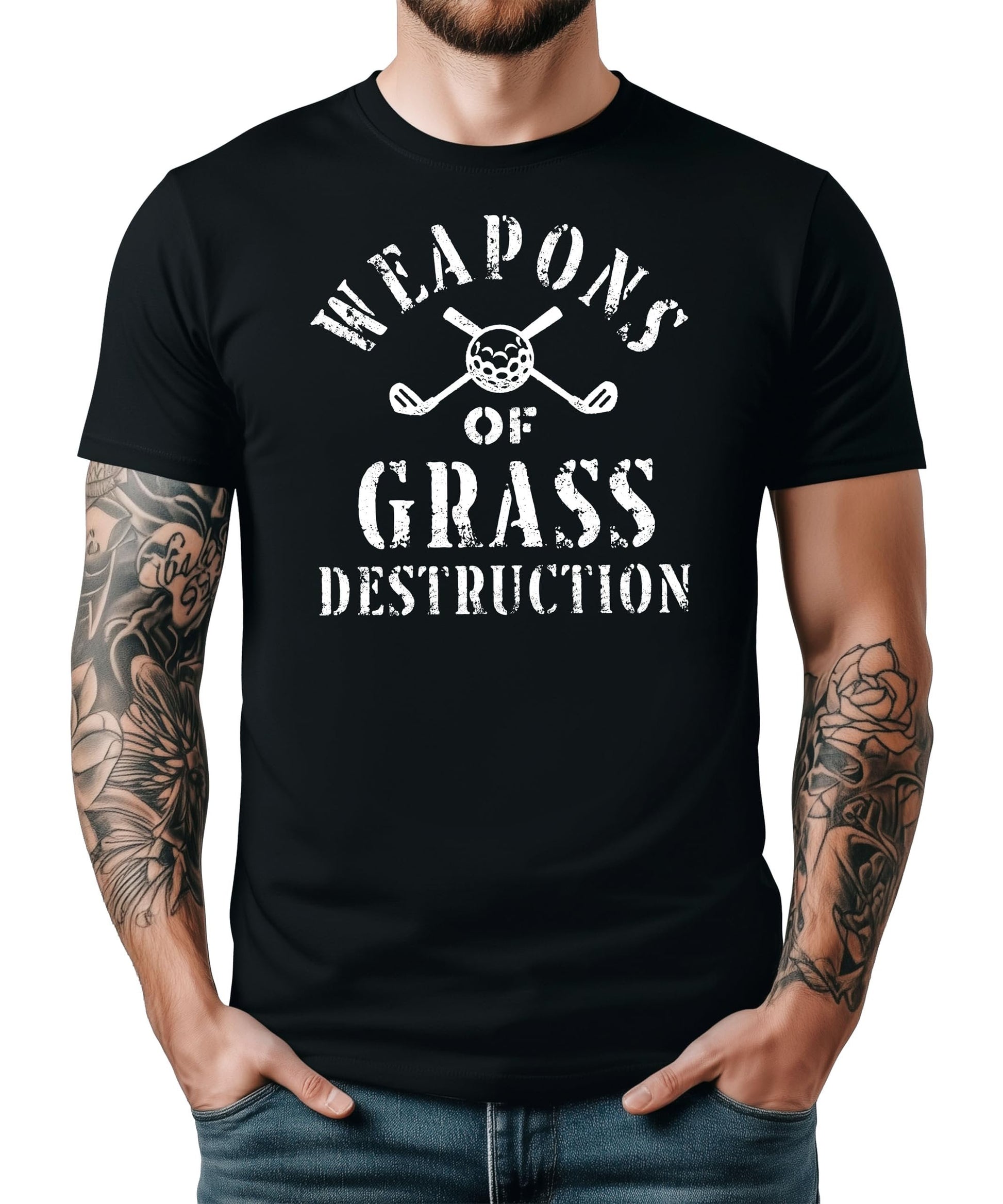 Black men's t-shirt with Weapons of Grass Destruction golf design featuring crossed clubs