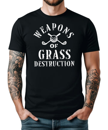 Black men's t-shirt with Weapons of Grass Destruction golf design featuring crossed clubs