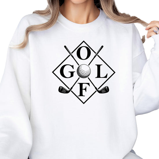 Flat lay of golf club design sweatshirt showing graphic details