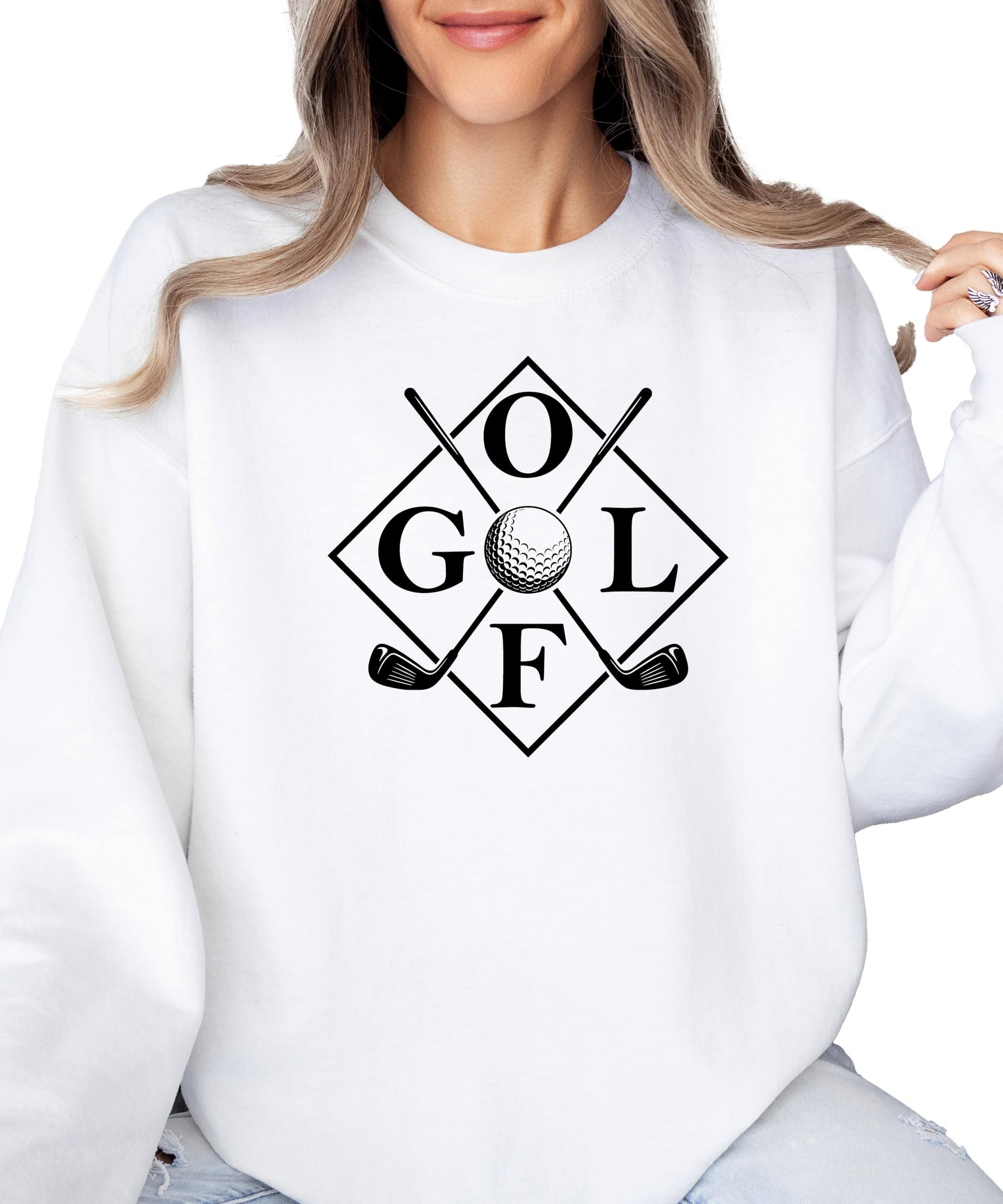 Flat lay of golf club design sweatshirt showing graphic details