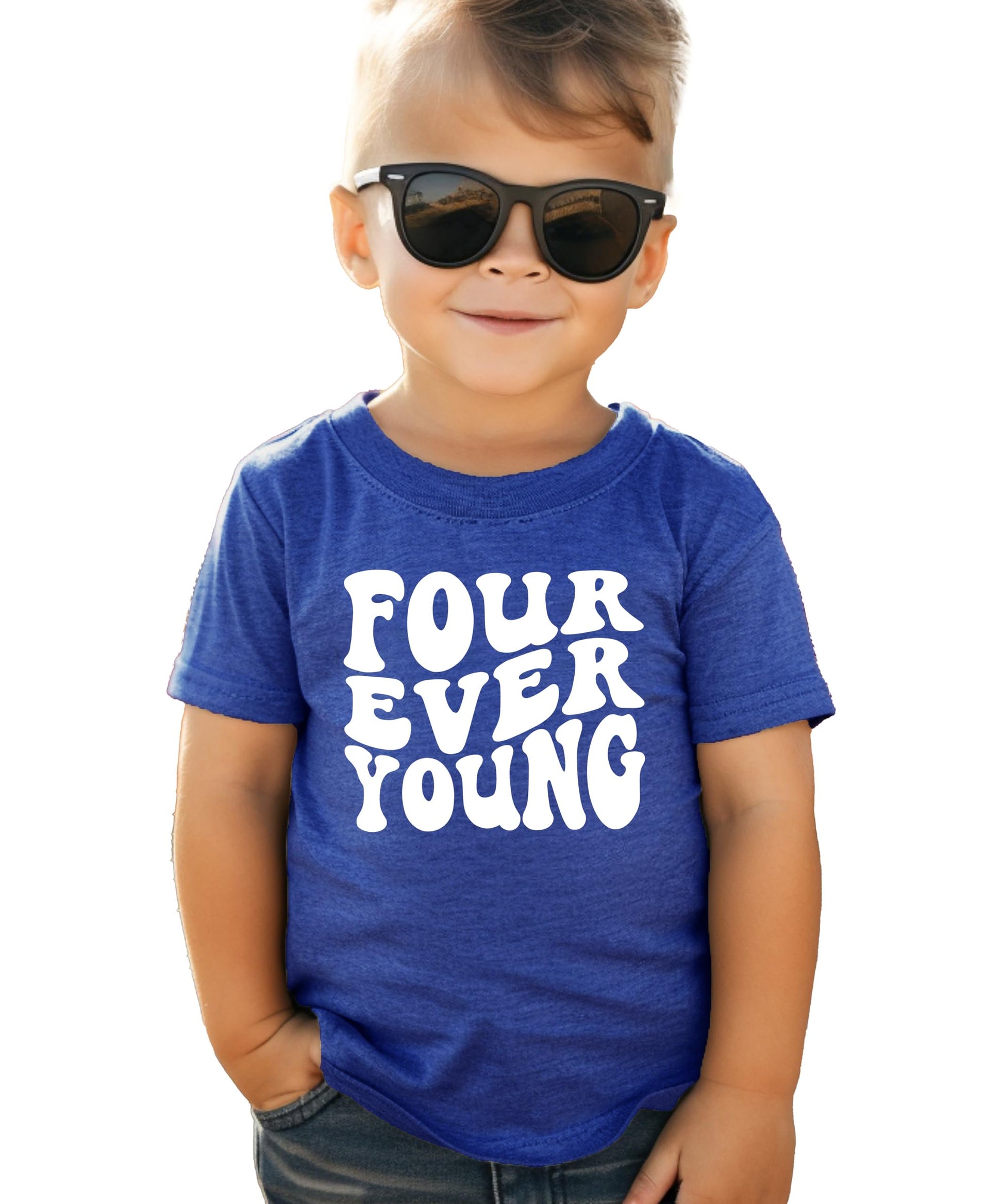 Detail shot of vibrant Four Ever Young birthday graphic on kids' tee
