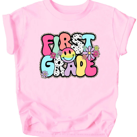 Youth girls first grade shirt in natural color showing size and styling options
