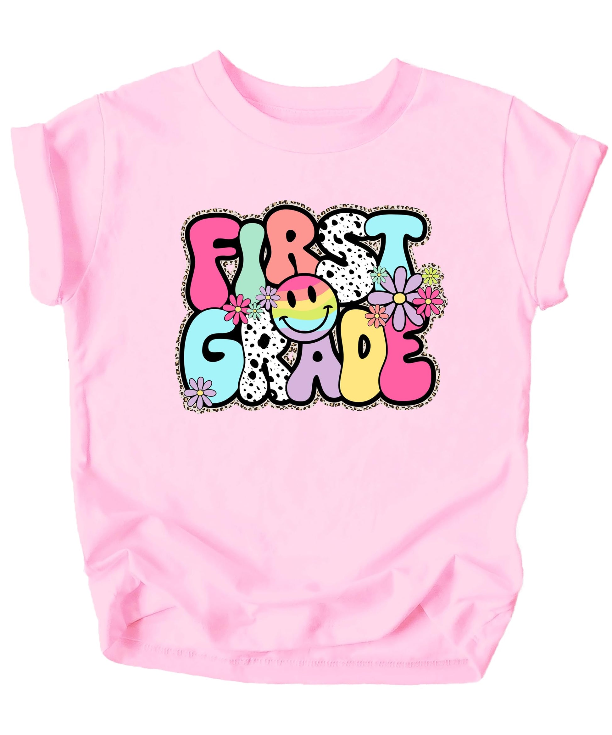 Youth girls first grade shirt in natural color showing size and styling options