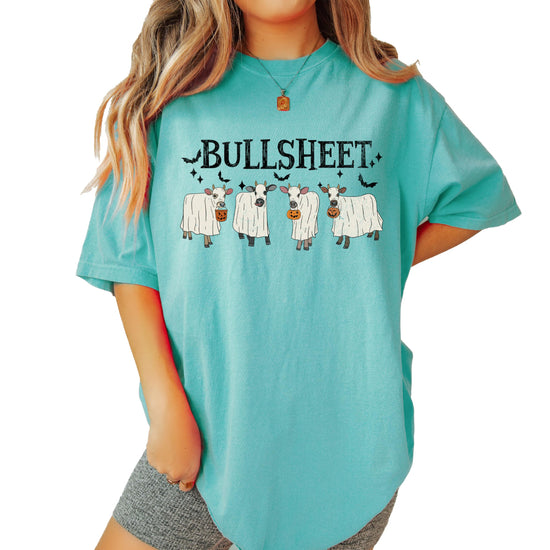 Bull Sheet funny Halloween ghost cow graphic tee in seafoam, front view