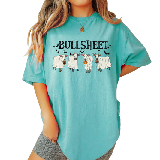 Bull Sheet funny Halloween ghost cow graphic tee in seafoam, front view