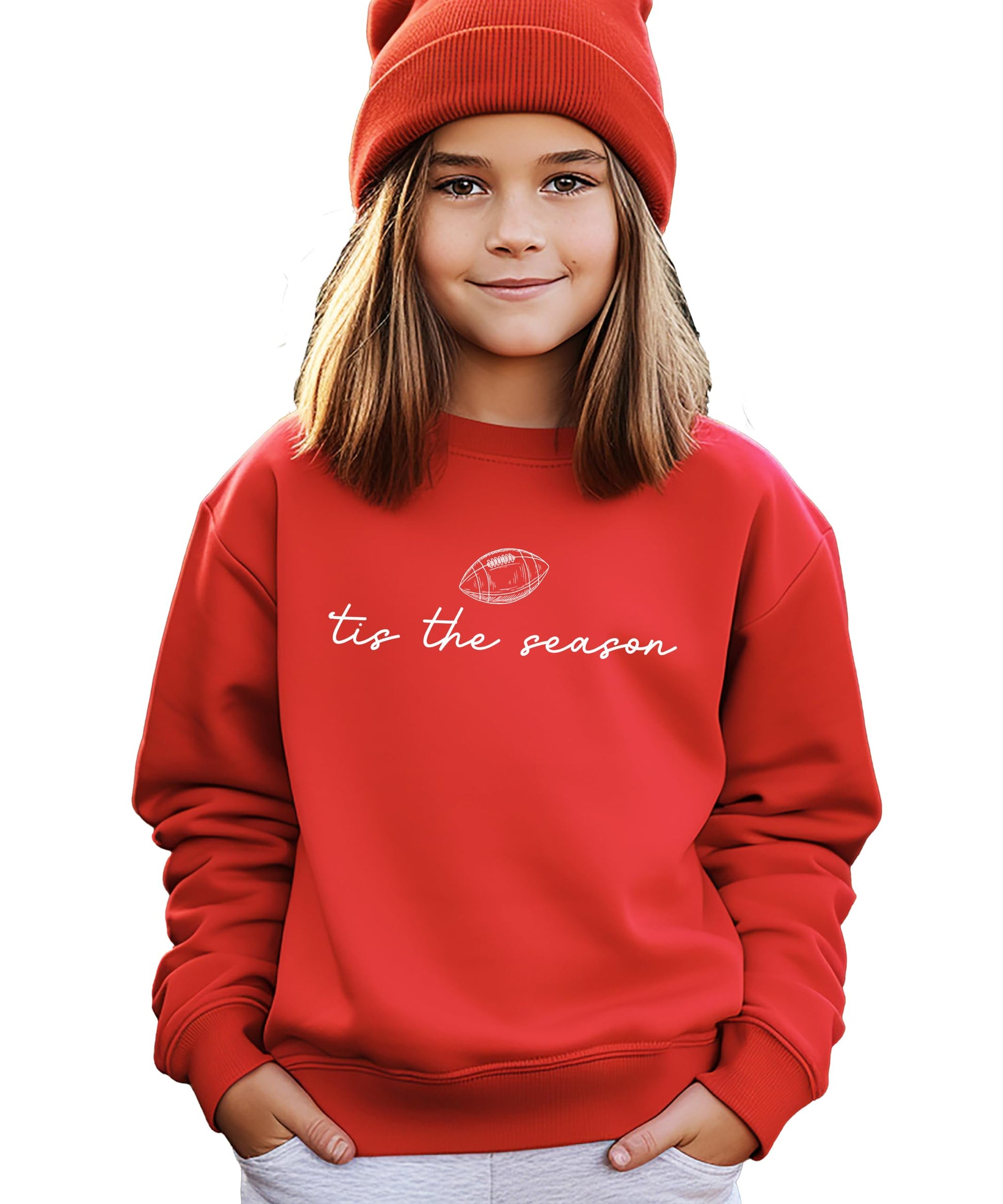 Close-up of 'Tis the Season script and football graphic print on soft sweatshirt fabric