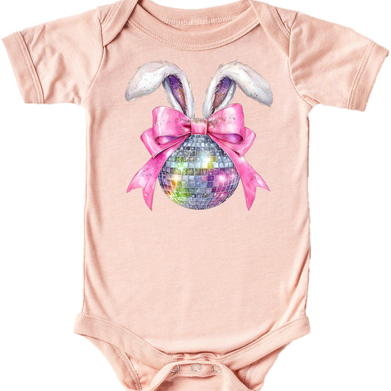 Baby girl Easter bodysuit with disco bunny graphic featuring fluffy bunny ears, sparkly pink bow, and disco ball design