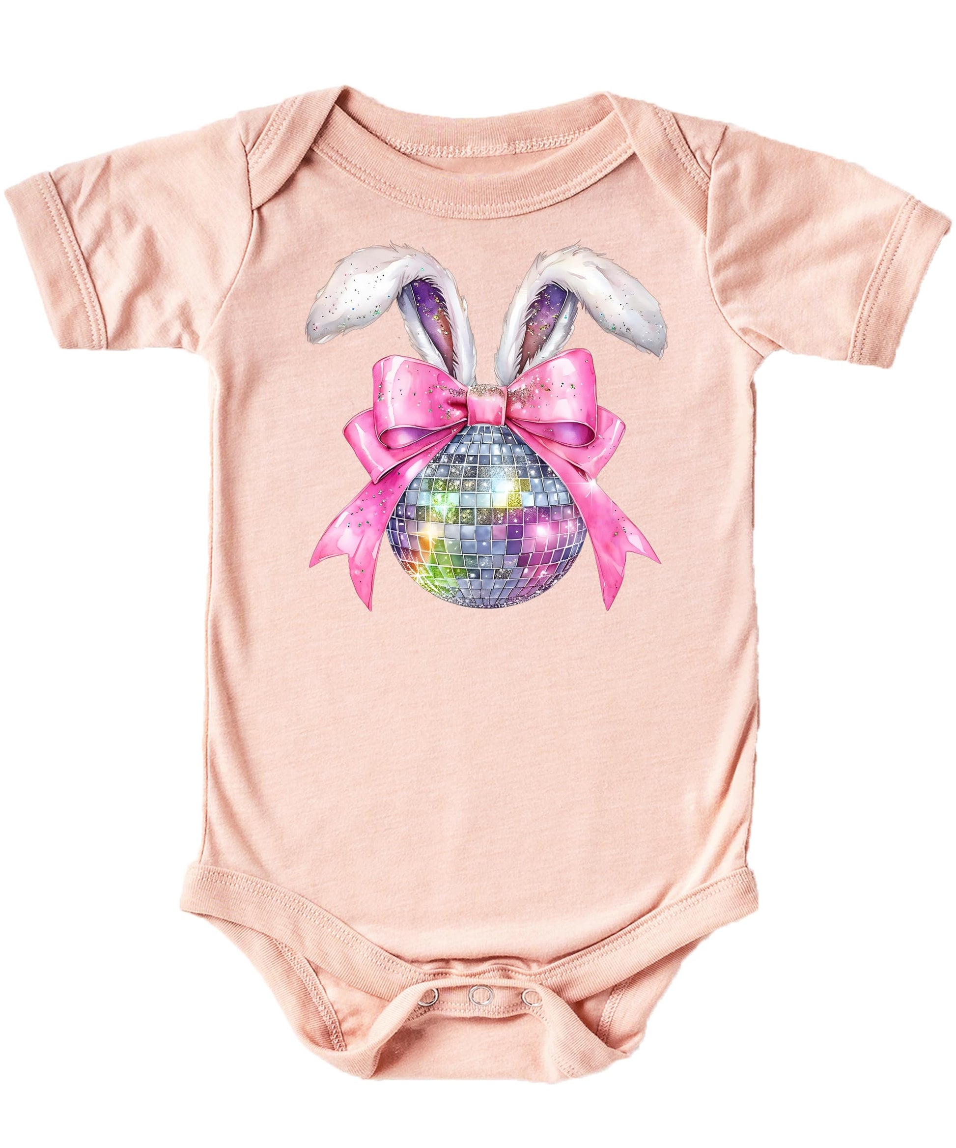 Baby girl Easter bodysuit with disco bunny graphic featuring fluffy bunny ears, sparkly pink bow, and disco ball design