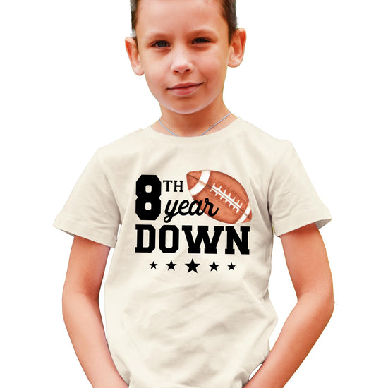 8th birthday football shirt laid flat showing full design on granite heather fabric