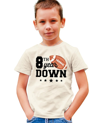 8th birthday football shirt laid flat showing full design on granite heather fabric