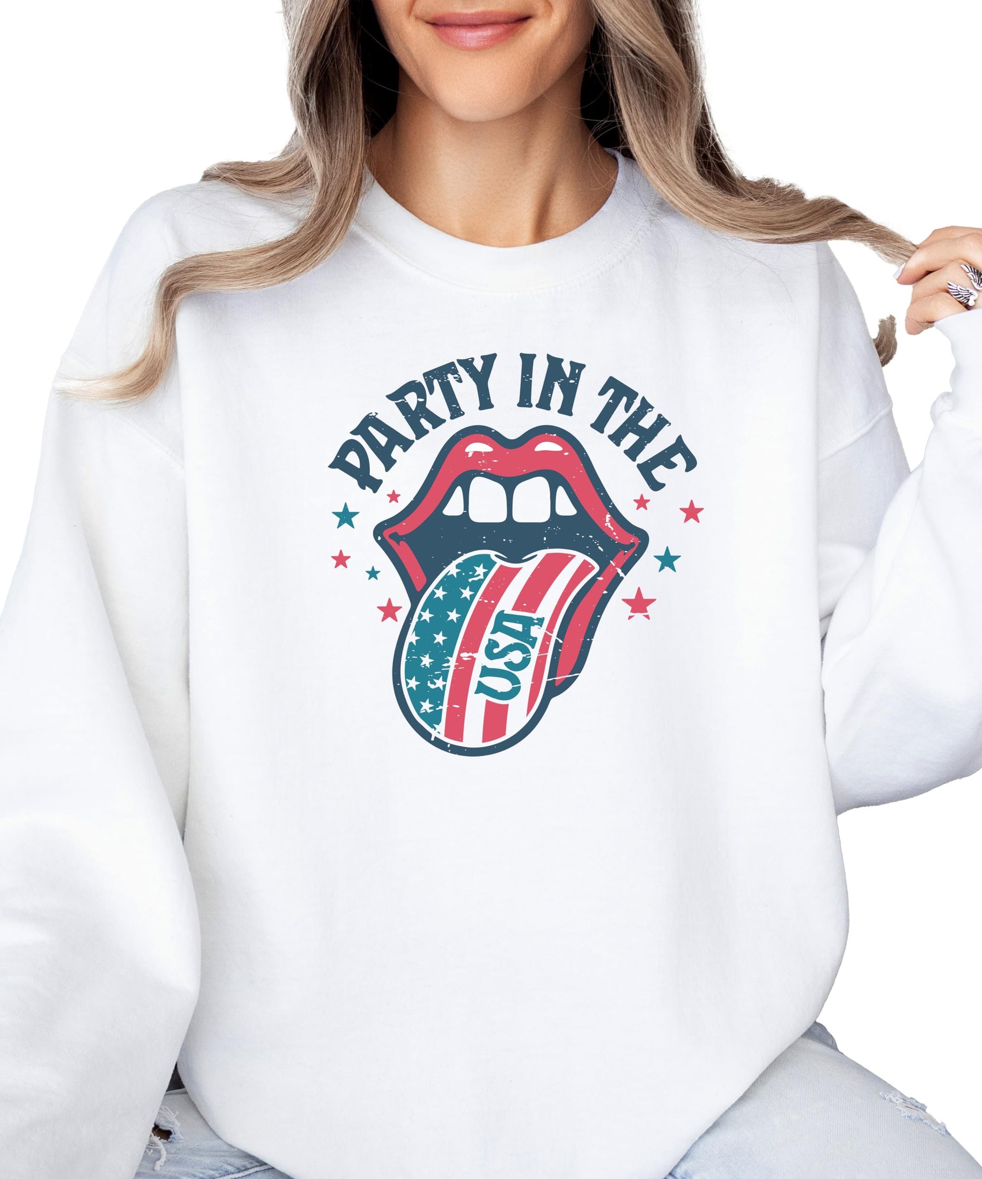 Close-up of Party In The USA retro graphic sweatshirt showing bold patriotic red, white, and blue print detail