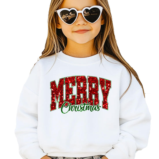 Front view of festive Merry Christmas faux glitter sweatshirt in gray for women and teens