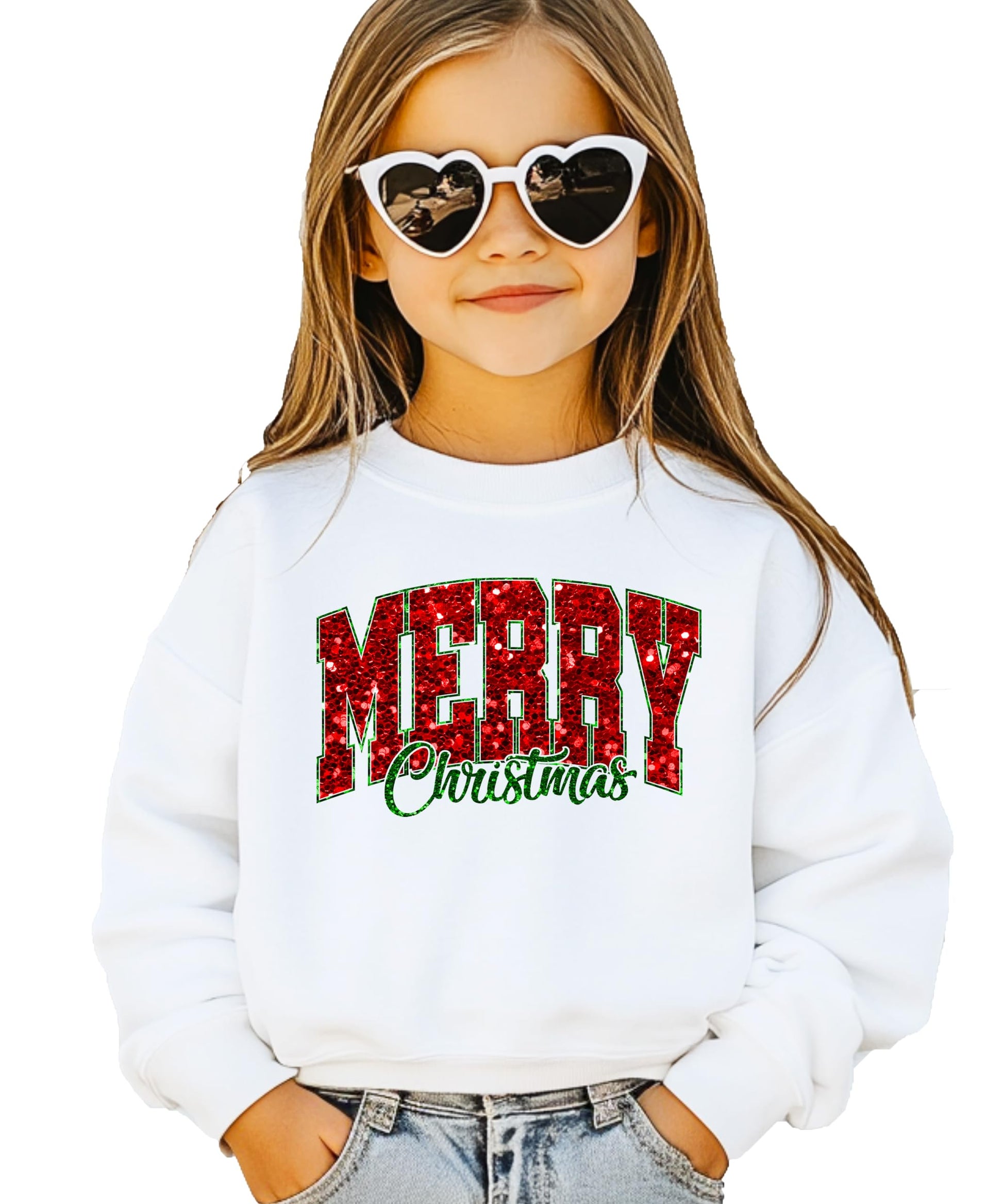 Front view of festive Merry Christmas faux glitter sweatshirt in gray for women and teens
