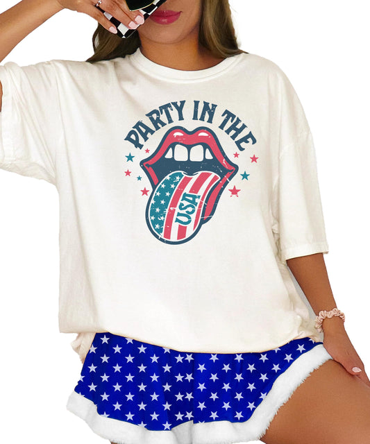 Close-up view of retro rock and roll tongue graphic with patriotic stars
