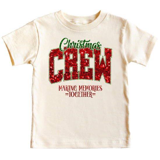 Christmas Crew Making Memories Together faux glitter graphic tee in natural color — women's holiday shirt