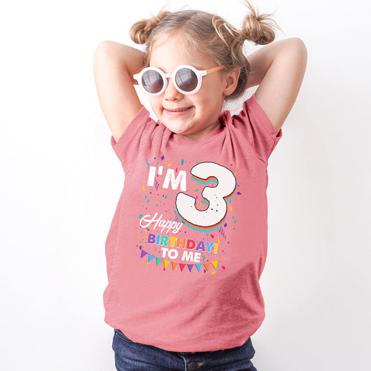 Back view of mauve 'I'm 3 Happy Birthday' graphic tee for toddlers and kids