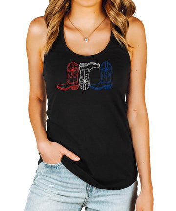 Olive Loves Apple Red, White and Blue Western Boots Tank Top for Women & Teens Trendy 4th of July Tee