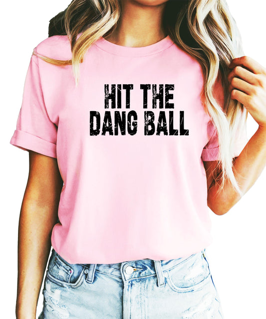 Front view of Hit The Dang Ball sporty distressed women's baseball tee in vintage red